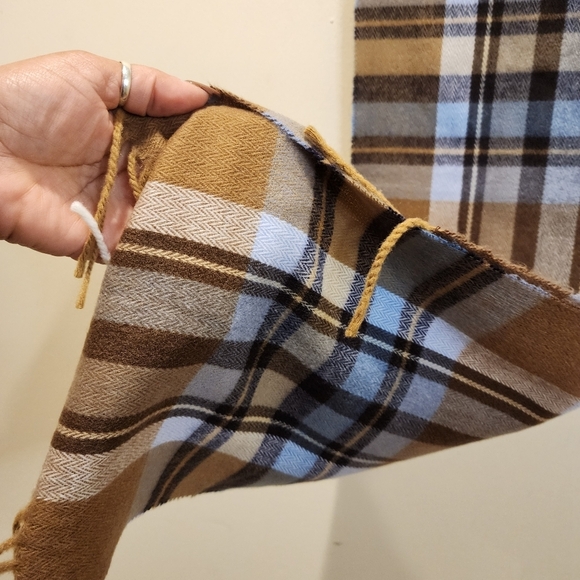 Geoffrey Beene Classic Plaid Fringe Scarf in Brown and Blue - Picture 4 of 5